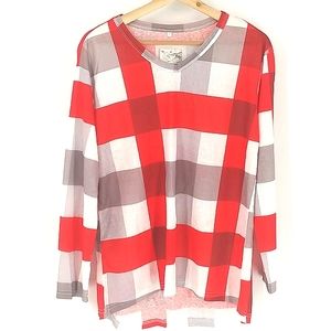 Suvimuga Red & Taupe Plaid V Neck Top